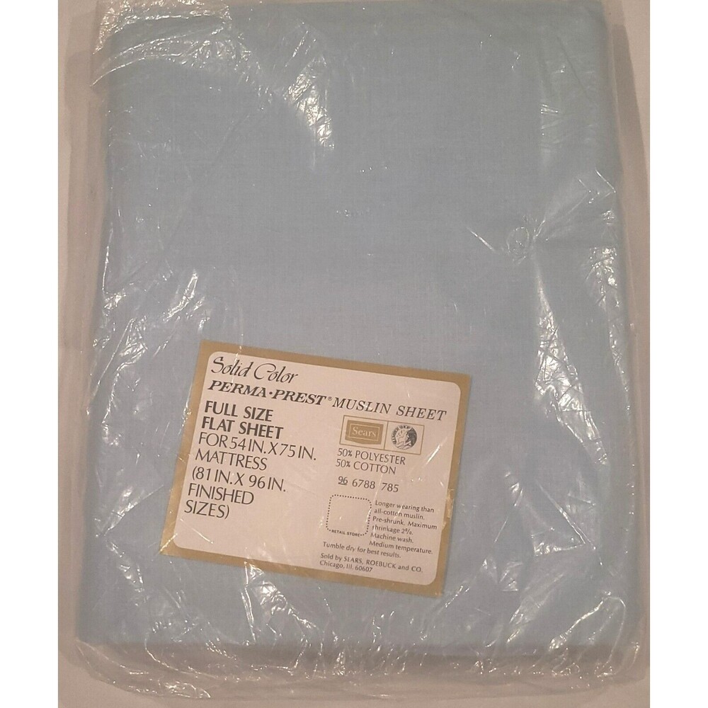 Vintage Sears FULL‎ Flat Sheet Perma-Prest Muslin Bed Sheet NOS-Blue